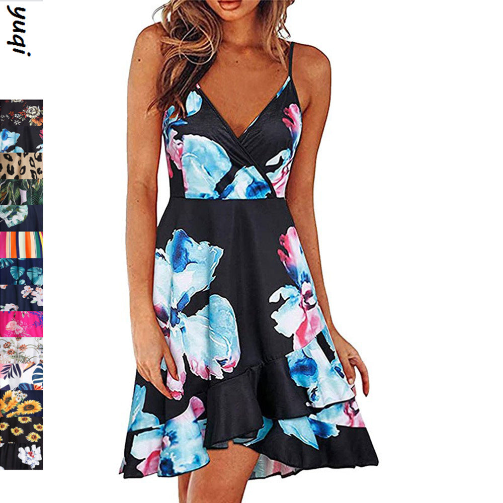 summer new european and american style sexy fashion v-neck cami dress sleeveless backless printed dress