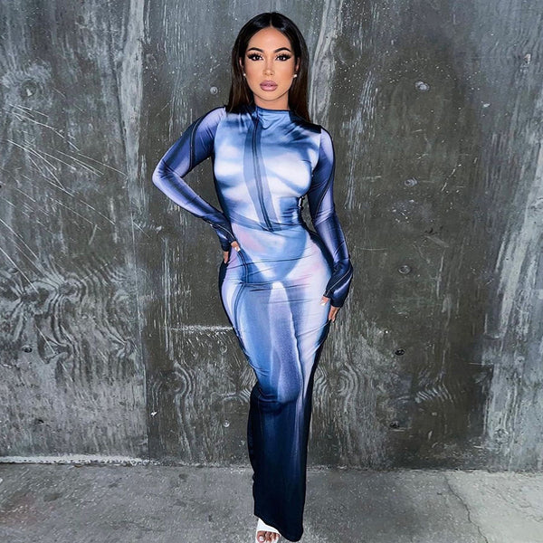 European and American style new slim-fitting long-sleeved gloved pencil skirt fashion printing stand-up collar long pullover dress wholesale