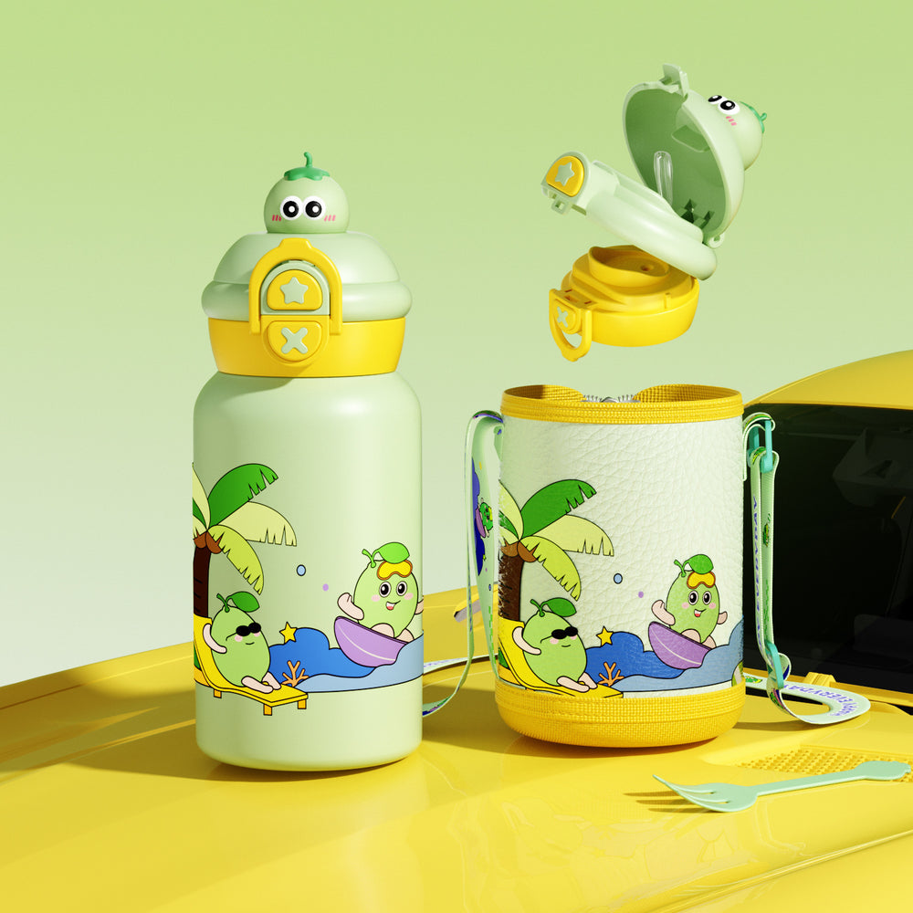 Double-drink kids' thermos with straw, 316 stainless steel, cartoon portable bounce lid, creative figurine student water bottle