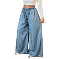 Fashionjeans women's elastic waist drawstring wide-leg jeans light blue washed loosedrapedmoppants