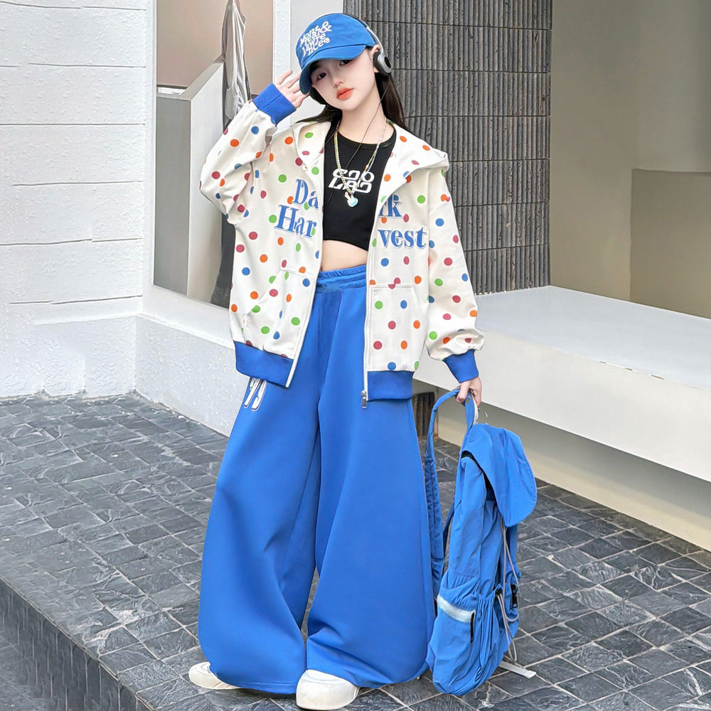 Girl's high street colorful polka dot hooded loose-fit set - effortless style  spring/autumn niche cardigan two-piece outfit