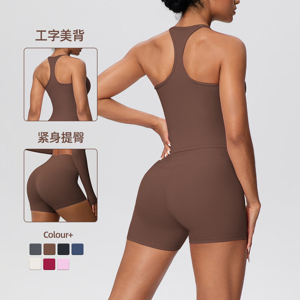 brushed back tight racerback high waist yoga suit sports running fitness shorts suit for women