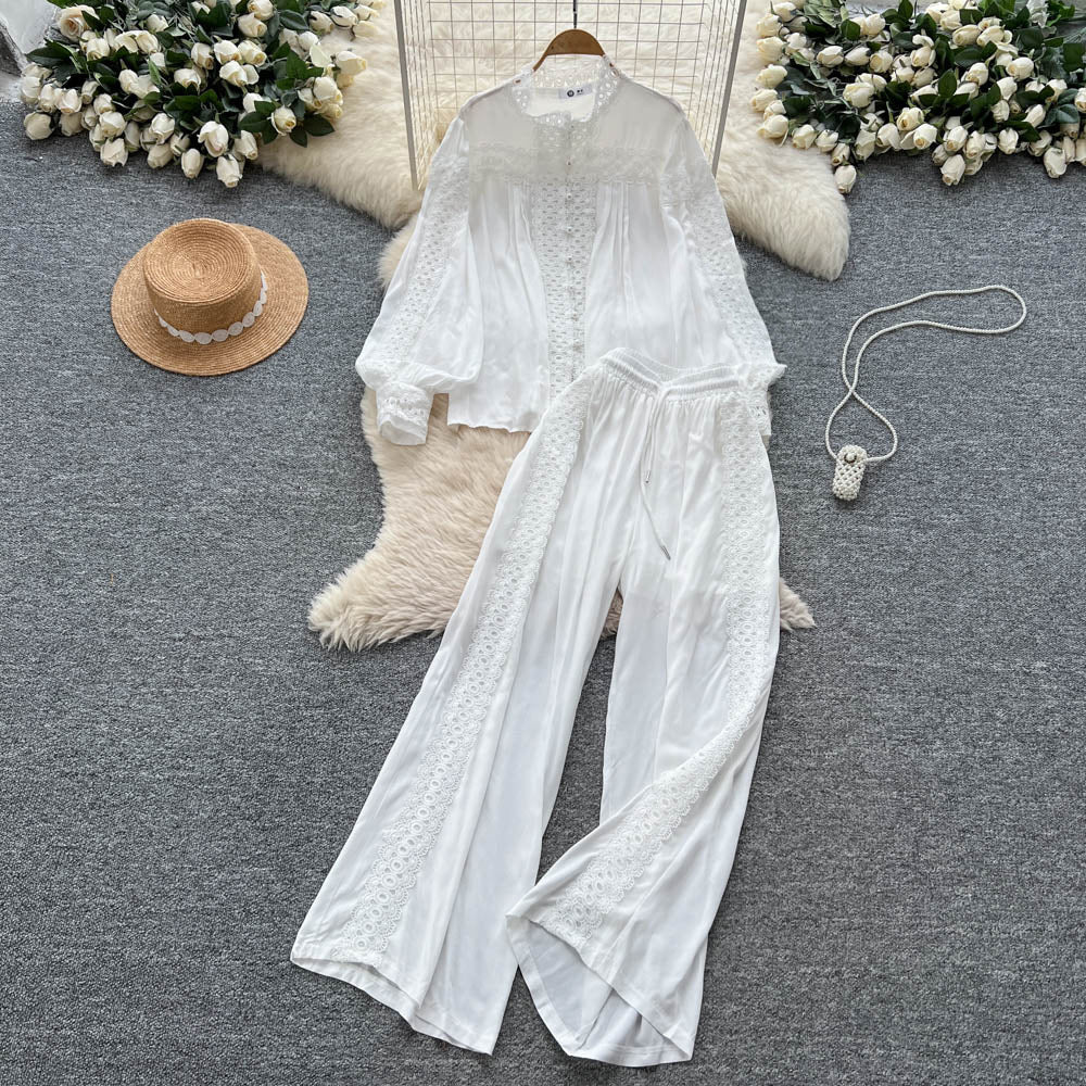French court style chic lace patchwork pearl button lantern sleeve blouse and high-waisted wide leg casual pants set