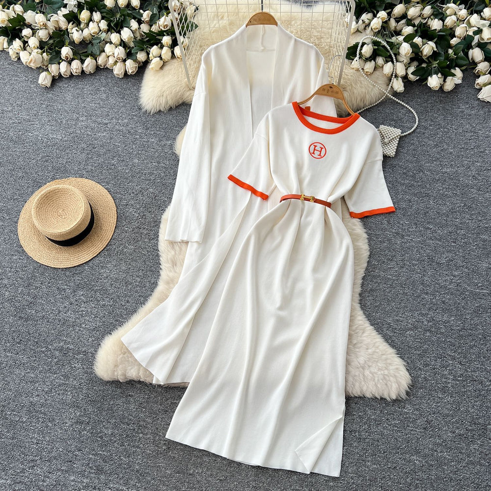 European station  spring/autumn new women's fashion high-end belted short-sleeve maxi dress long-sleeve outerwear knitted two-piece set