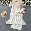 European station  spring/autumn new women's fashion high-end belted short-sleeve maxi dress long-sleeve outerwear knitted two-piece set