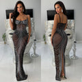 C6613 cross-border   fashion women's solid color mesh rhinestone camisole maxi dress
