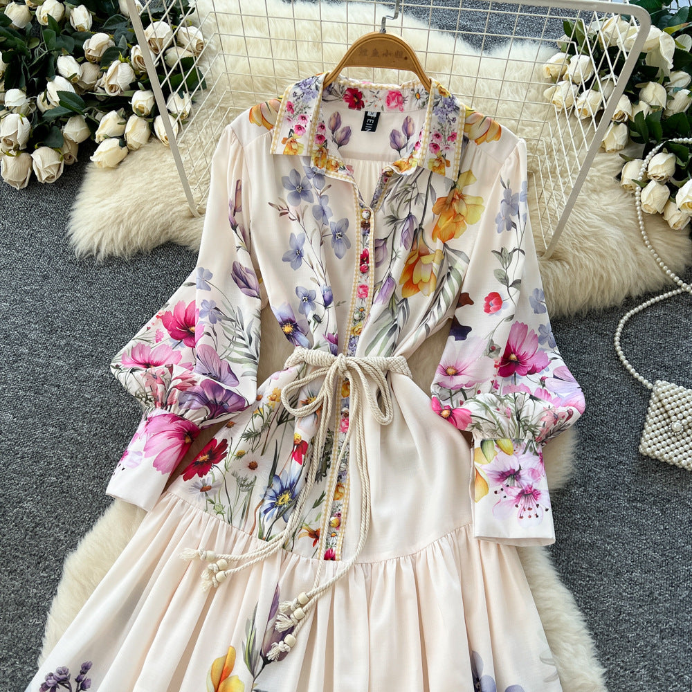 French retroelegancefashionprintingdress women's autumn clothes palace style straps waist single breasted large swing long skirt