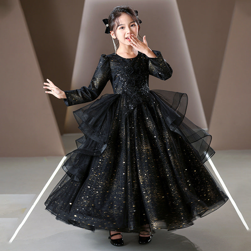 Ready-to-ship cross-border girls' evening gown, black flower girl dress, piano recital dress, little girl's hostess dress, performance princess dress