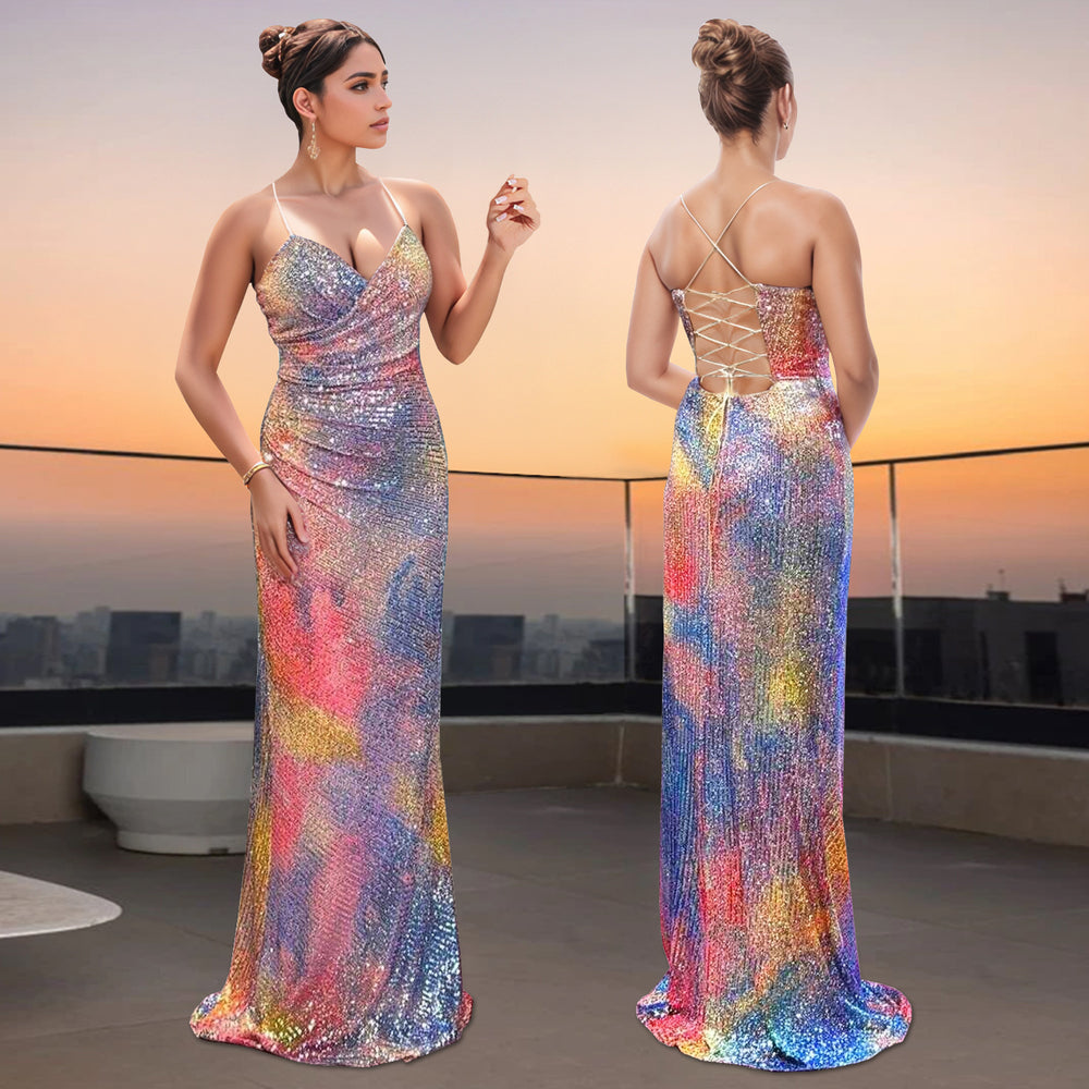 C7351 cross-border   fashion women's sexy spaghetti strap sequin bodycon sleeveless dress