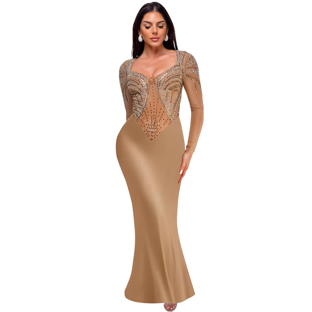 C7042 cross-border   independent station fashion women's hot diamond solid color long sleeve dress new