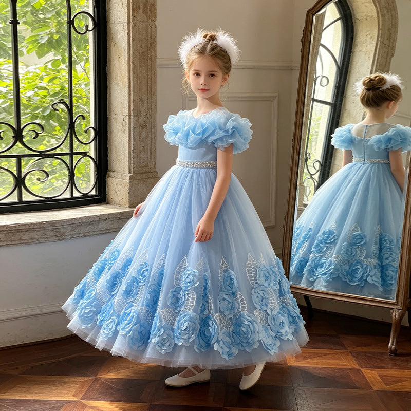 new arrivallonggirl dress stereo applique tutu tulle kids birthday princess dress flower girl wedding dress