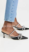 European and american style white label one-piece high-heeled slippers, stiletto heel, bow, rhinestone, cross-border half slippers, pointed toe, one-leg custom
