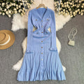 Elegant knitted dress: new autumn/winter  collection - high-end long sleeve, cinched waist maxi dress with v-neck and ruffle hem