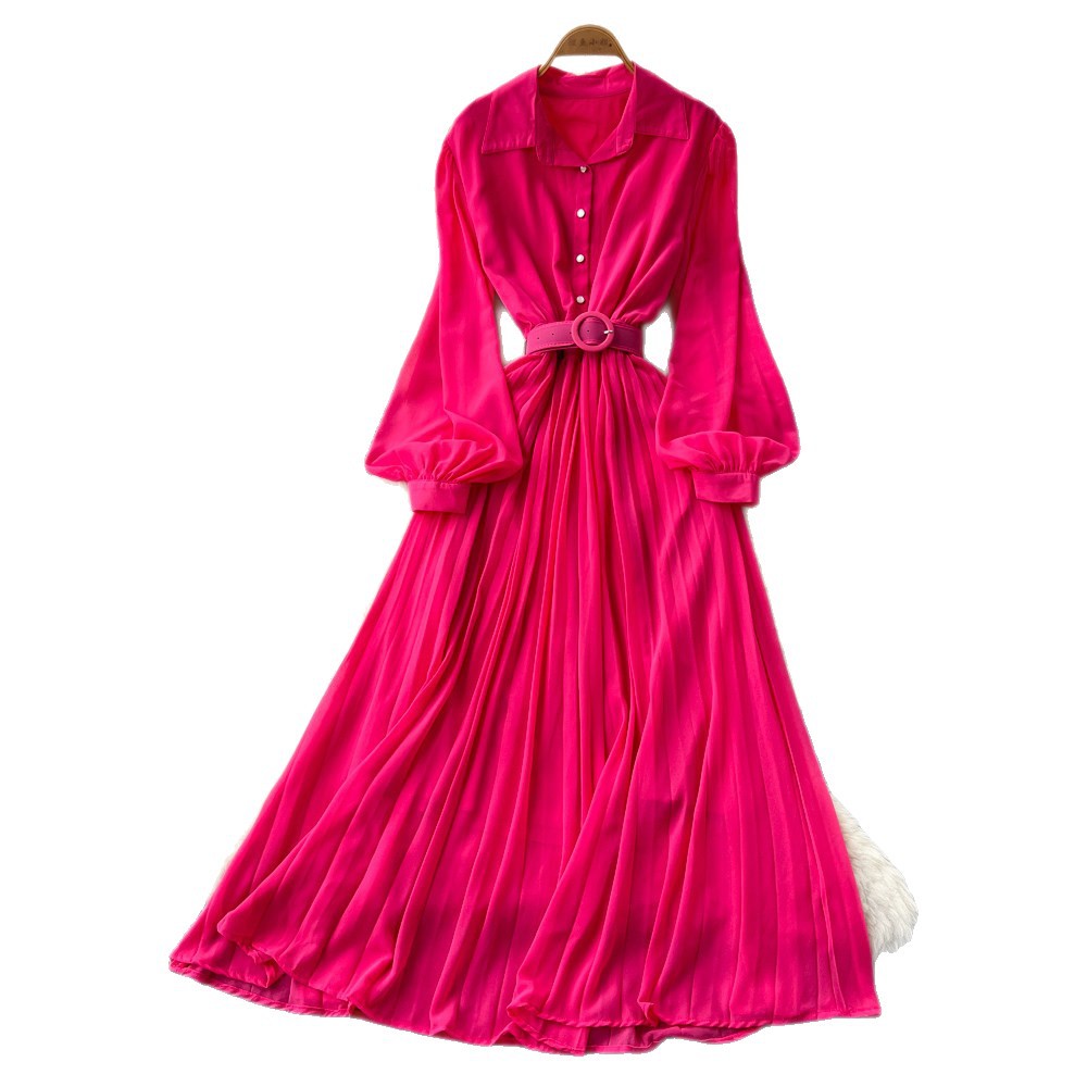 Light mature style lapel lantern sleeve red a-line dress women's springelegance waist slimming lookpleated long skirt
