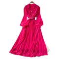 Light mature style lapel lantern sleeve red a-line dress women's springelegance waist slimming lookpleated long skirt