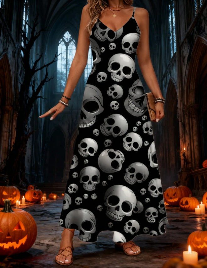 halloween pattern printing longdressv neckloose vacation suspender skirt