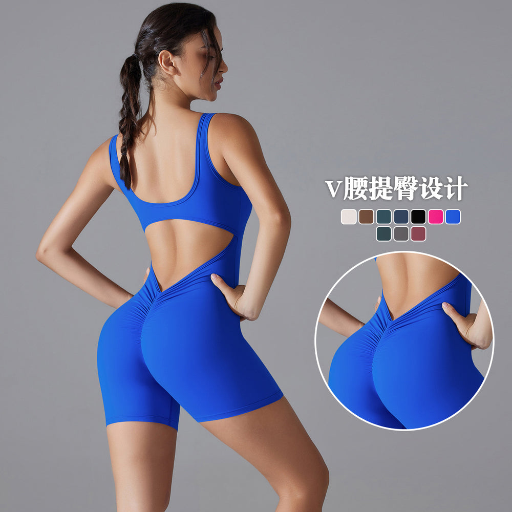 New double-sided nylon seamless high-stretch peach lift solid color v-waist bodycon shorts bodysuit yoga outfit