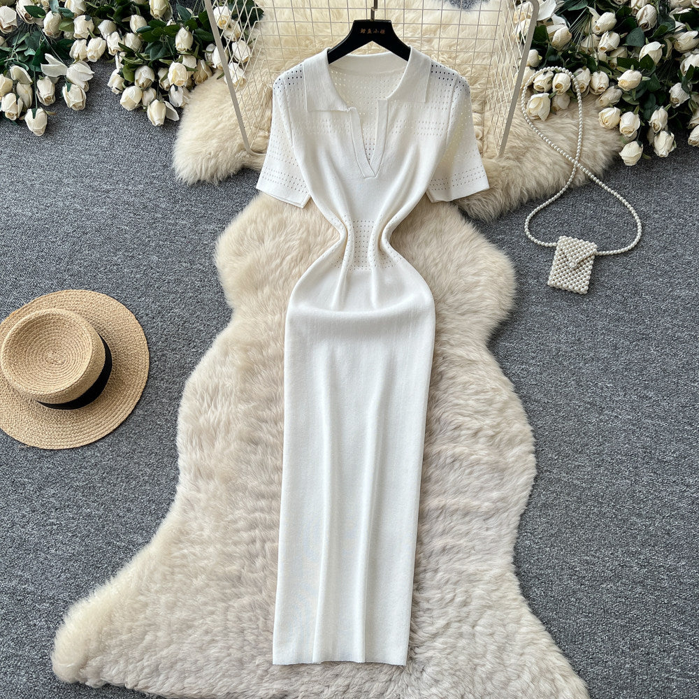 Korean style commute-ready knitted bodycon dress - women's summer short sleeve slimming a-line maxi dress - sophisticated & elegant