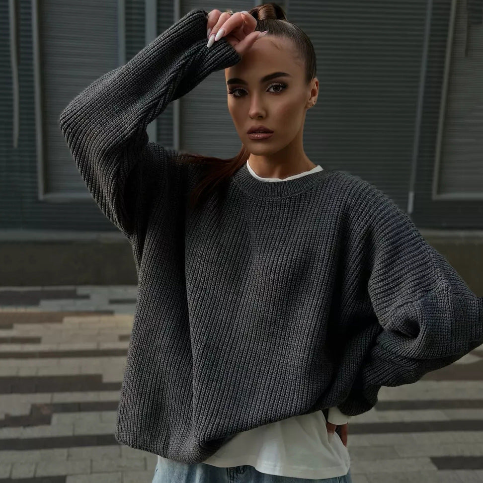 Cross-border solid color crew neck sweater 2024 European and American spring and autumn loose knitted sweater Ins  pullover women