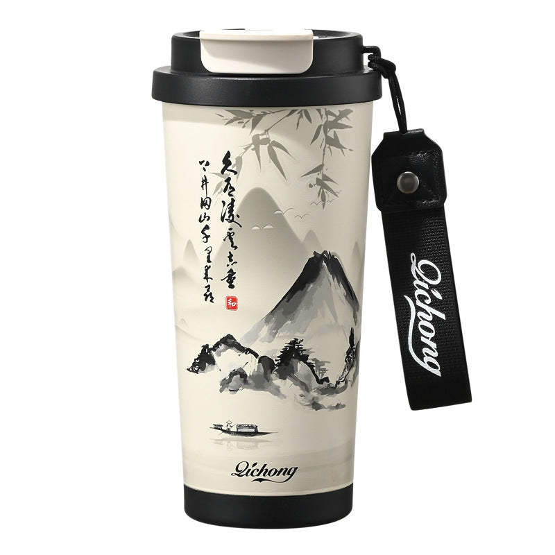 Ink style national trend portable thermos cup chinese style double drinking lid coffee cup 316 stainless steel ceramic liner water cup