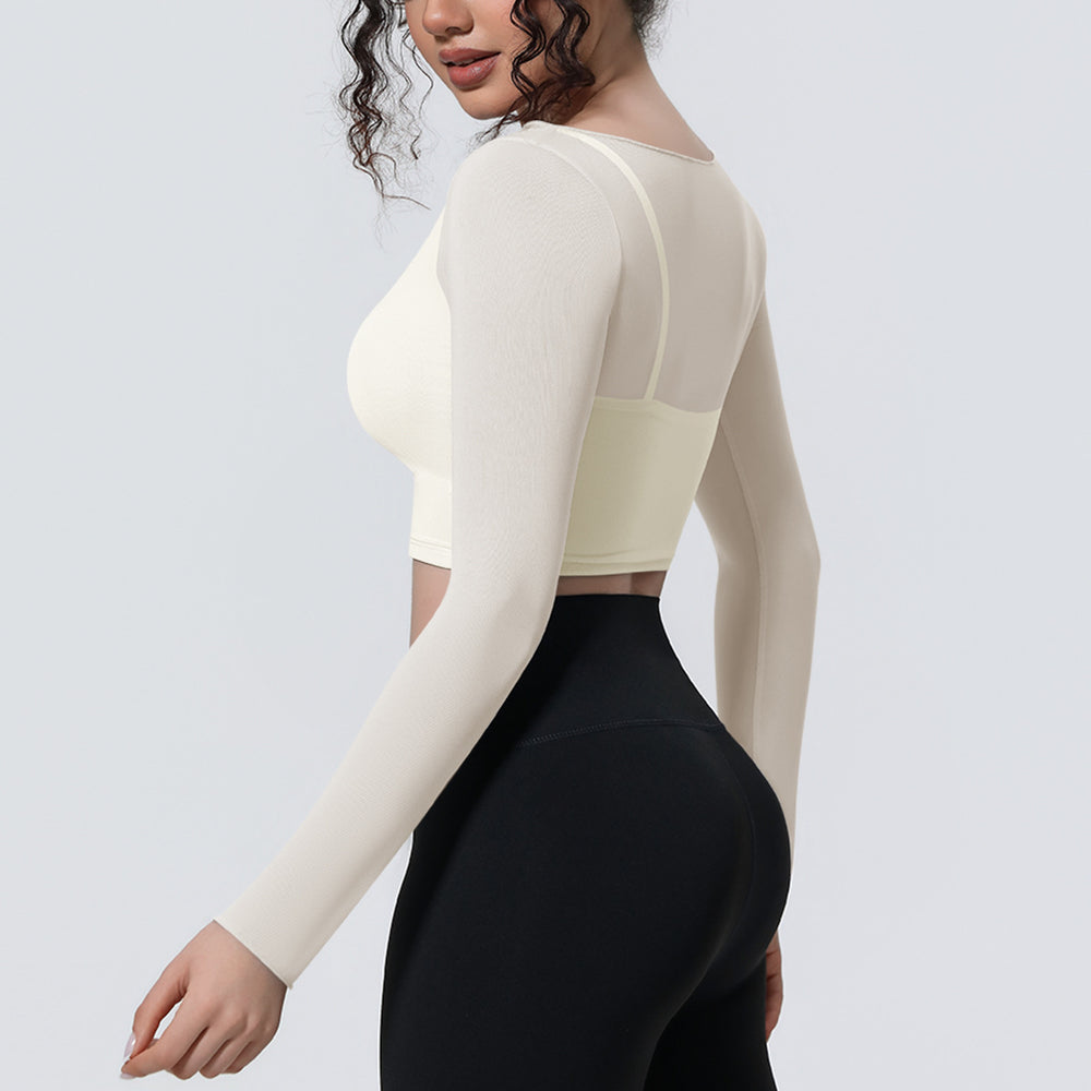 New arrival: solid color mesh double-layer breathable faux two-piece long sleeve casual activewear top for running, fitness, and yoga