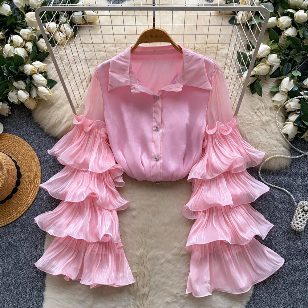 French romantic ruffle bell sleeve blouse - elegant, versatile, and chic work top - unique and high-end shirt