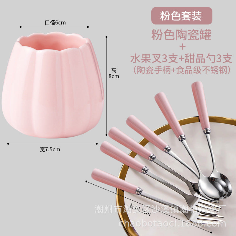 Stainless steel fruit fork set with premium ceramic storage jar, fruit picks, home watermelon forks, and stylish spoons