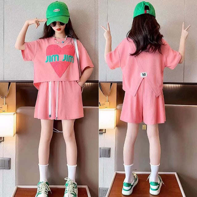 Girls' summer outfit set : stylish kids' active summer two-piece set for girls (short sleeve top & shorts) - perfect for mid-to-large children