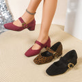 Retro thick heel suede square toe flats women's  spring & fall new arrivalfleece-lined leopard print one-word buckle mary jane shoes