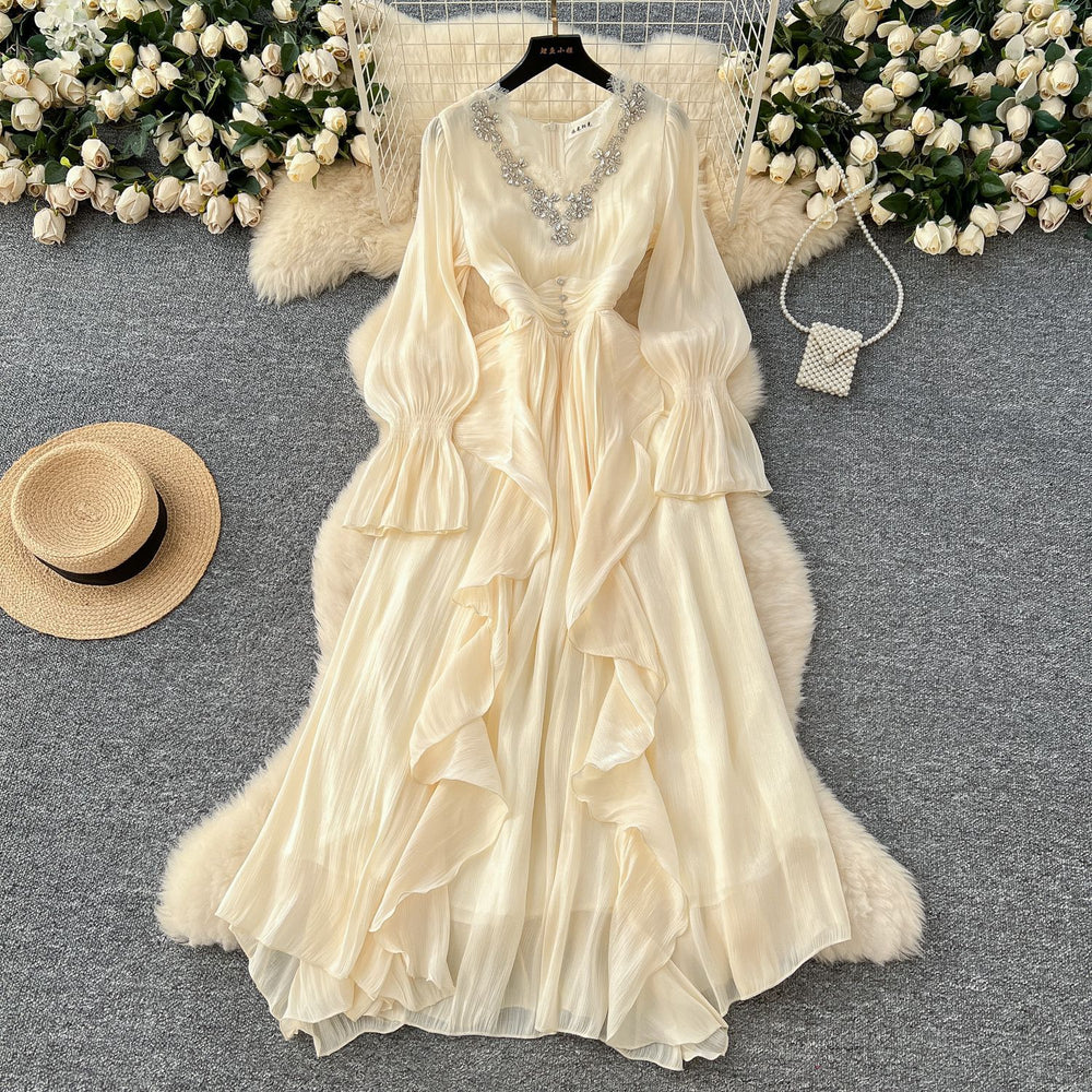 Frenchclassyelegancedress women's fashion heavy industry embroidered beads and diamonds v neck waist elegant palace style long skirt