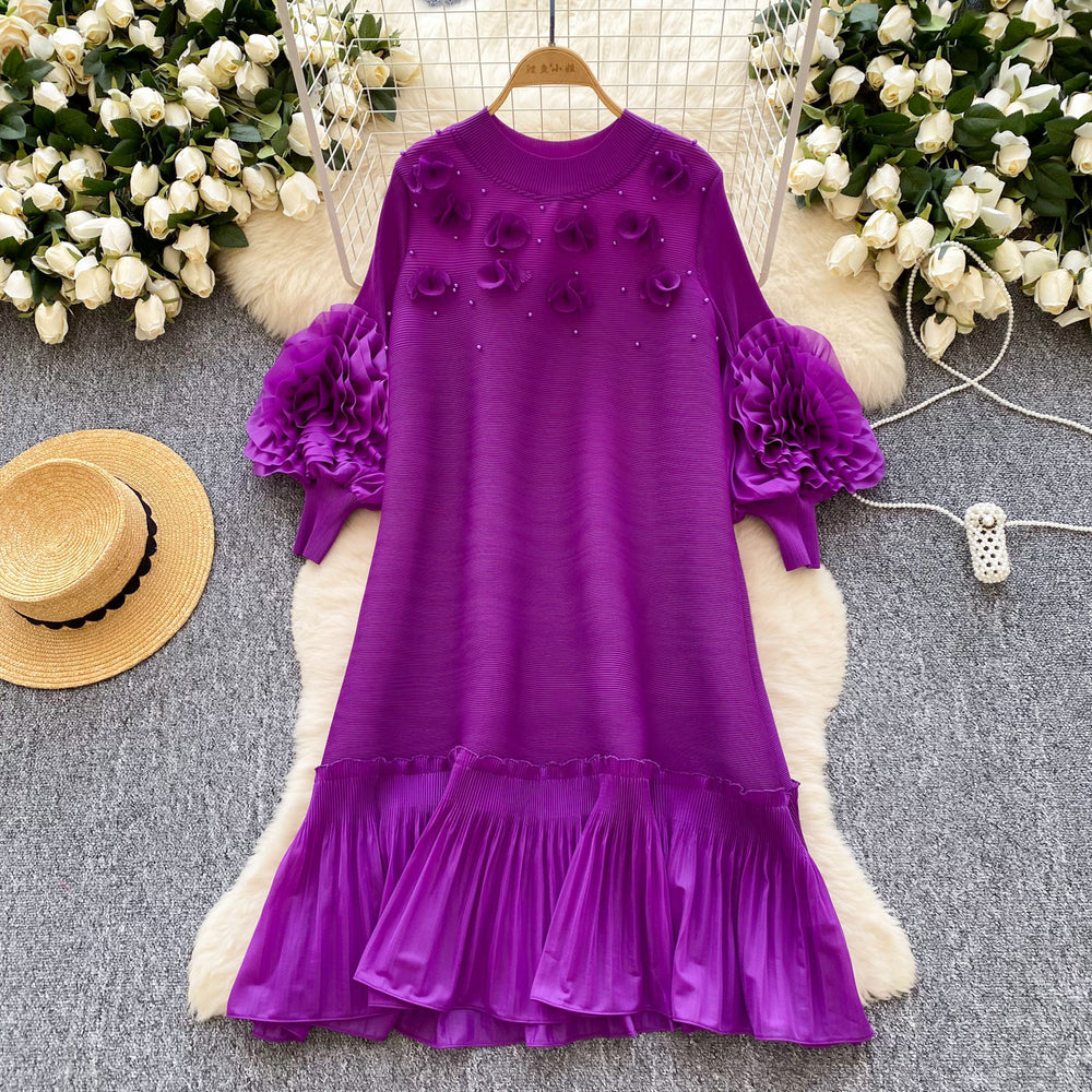 Miya pleated socialite style high-end dress - women's spring pleated 3d floral loose design elegant maxi dress