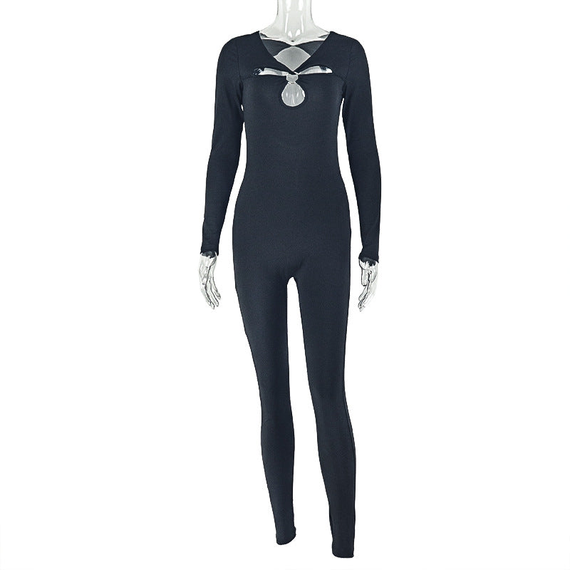 European and american style cross-border fashion women's solid color cutout metal ring jumpsuit design sporty bodycon bodysuit