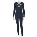 European and american style cross-border fashion women's solid color cutout metal ring jumpsuit design sporty bodycon bodysuit