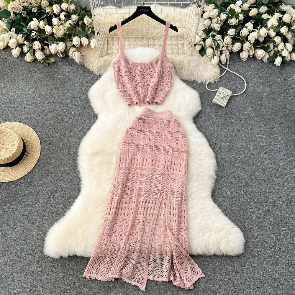 Sweet and spicy style fashioncut out camisole women's shortoutwearknittingtwo-piece sethigh waist slit skirt summer