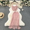 Sweet and spicy style fashioncut out camisole women's shortoutwearknittingtwo-piece sethigh waist slit skirt summer