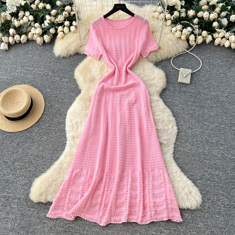 French chic high-end beaded round neck short sleeve hollow-out knit dress - women's slimming waist sweater dress