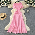 French chic high-end beaded round neck short sleeve hollow-out knit dress - women's slimming waist sweater dress