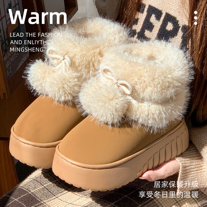 Fur ball snow boots for women winter2025new arrivalfleece-linedthickenedheattech fur thick sole short boots outwear northeast cotton shoes