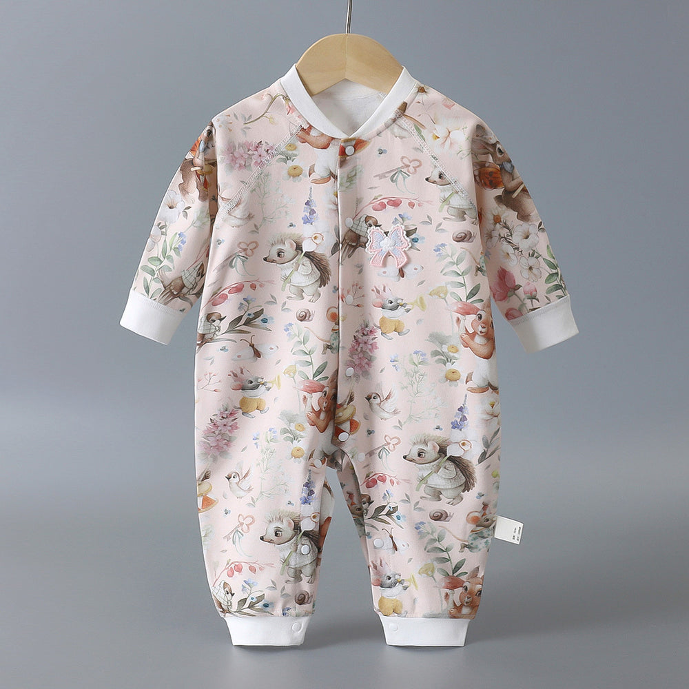 Infant and toddler pure cotton class a onesies, spring and autumn styles, long-sleeved rompers for baby boys and girls, seamless cartoon hooded pajamas, children's clothing