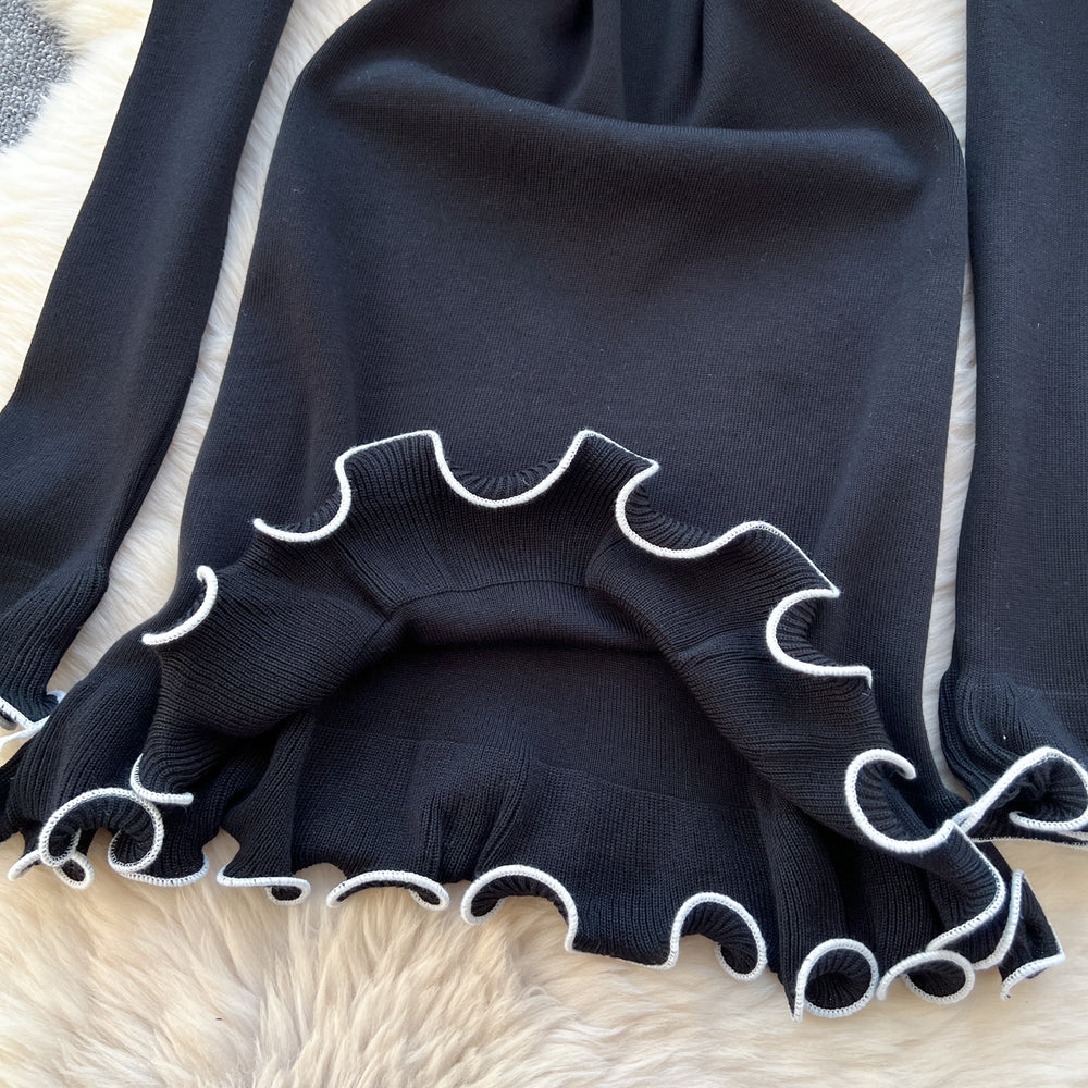 Export cross-border fall and wintercasual inner wear with contrasting color fungus edge ruffleslong sleevesilmknittingdress women's short skirt