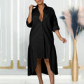 C8581  summer new fashion loose long sleeve asymmetrical midi dress solid color plus size foreign trade dress