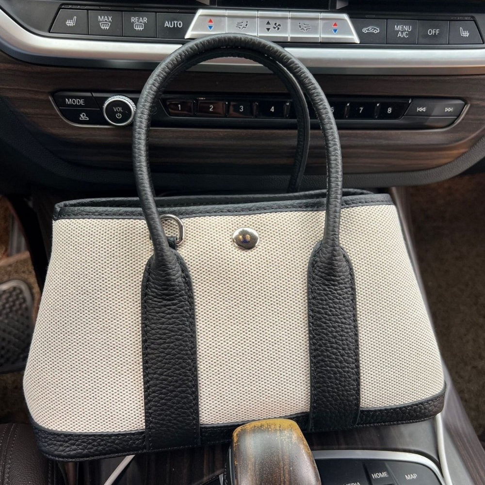 Top-grain leather niche styleclassy women's genuine leather satchel bag large capacity canvas contrast color garden tote bag