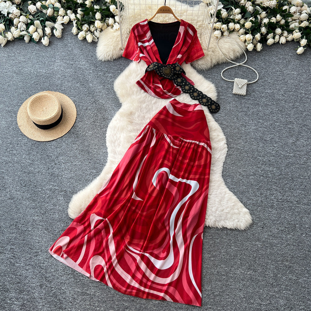 Pure desire wind red printingelegant age reduction two-piece set women's summer slim slimming look vacation style suit outfit