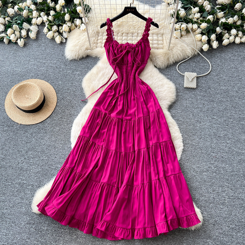 Frenchromantic style suspender earrings dress women's summer straps waist slimming look a-line cake draped long skirt