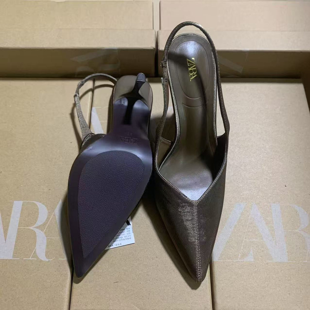 Za2025springnew arrival brown pointed toe french high-heeled sandals for women eleganteasiest for match stiletto high heels