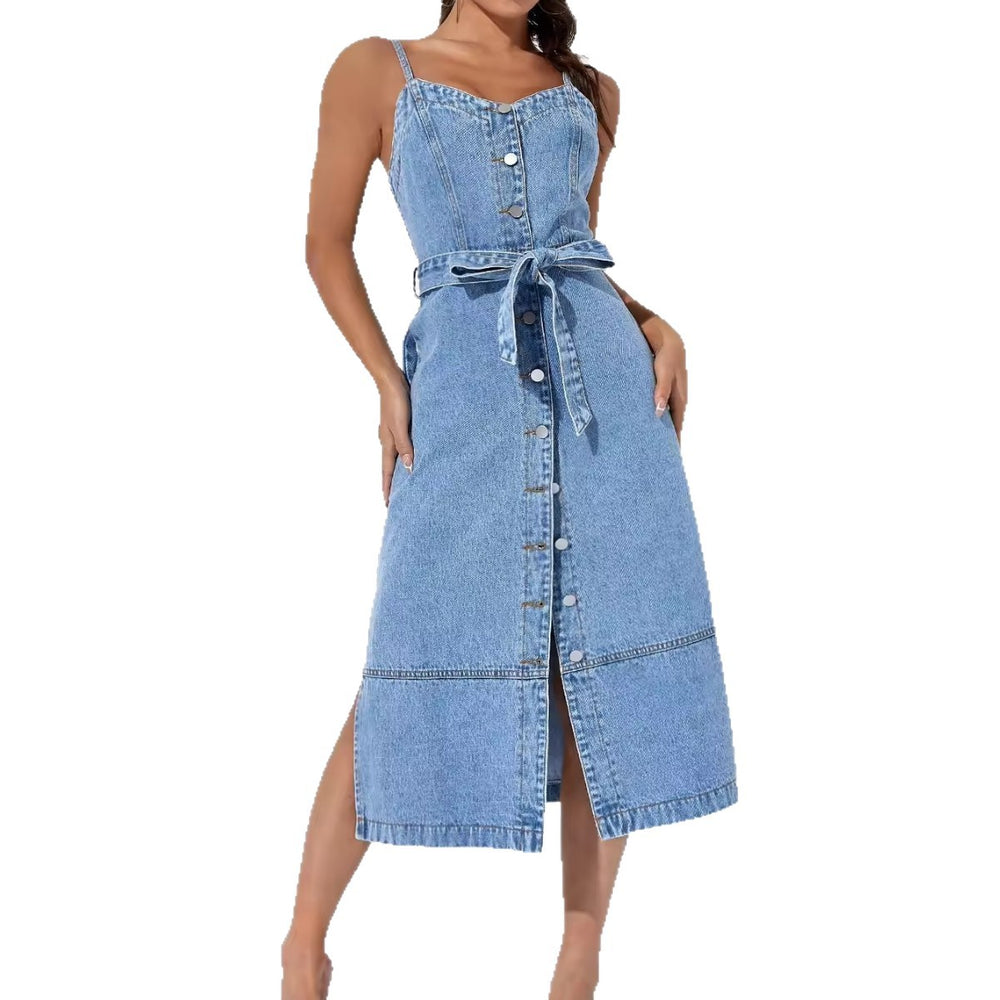 ins style fashionsummer women's dress water pattern light color denim suspender backless midi dress