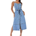 ins style fashionsummer women's dress water pattern light color denim suspender backless midi dress