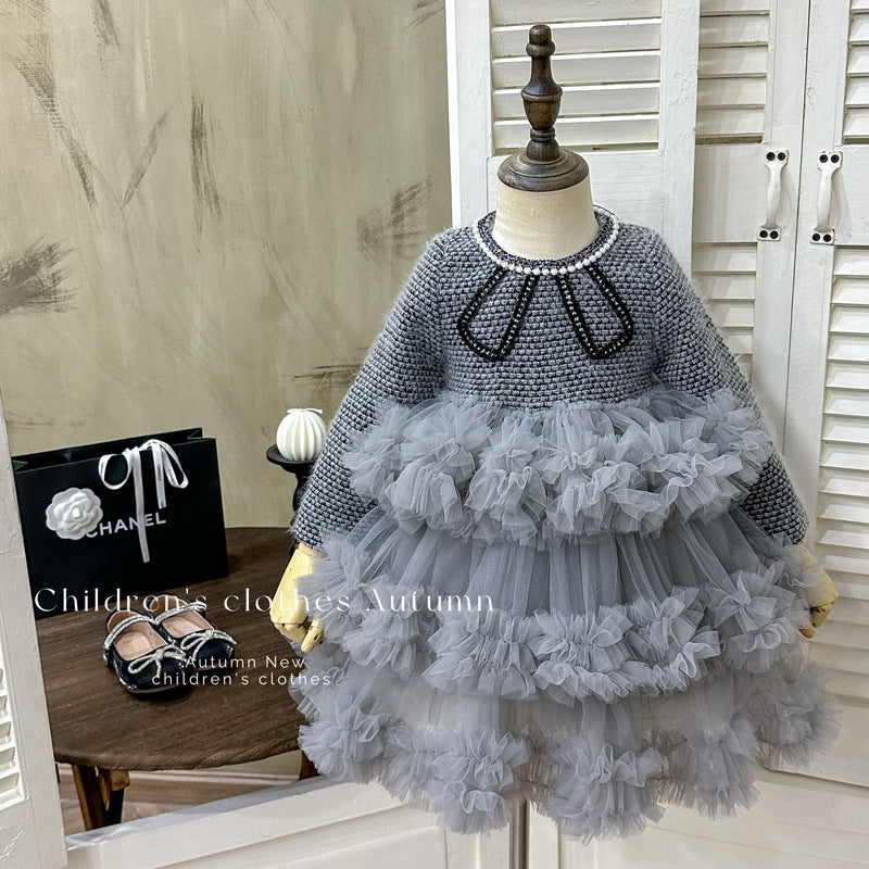 【in stock】girls' dress  new collection: chic tweed-style mesh princess dress, trendy kids' influencer cake dress