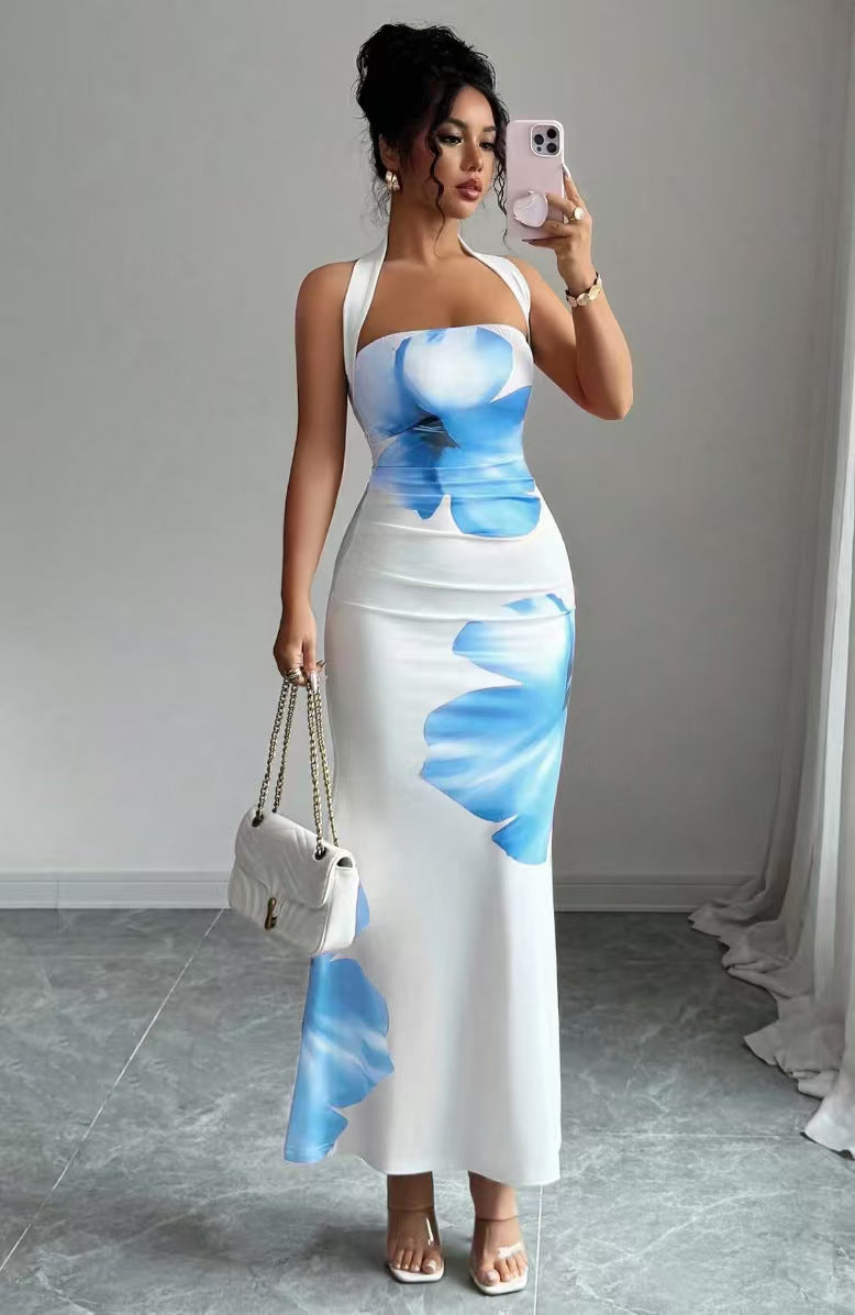 Ready-to-ship european and american  cross-border women's summer new arrival: elegant and sexy halter neck bodycon printed dress