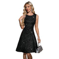 Women's black silver knitting round neck sleeveless mid-longdress, party fashion women's dress